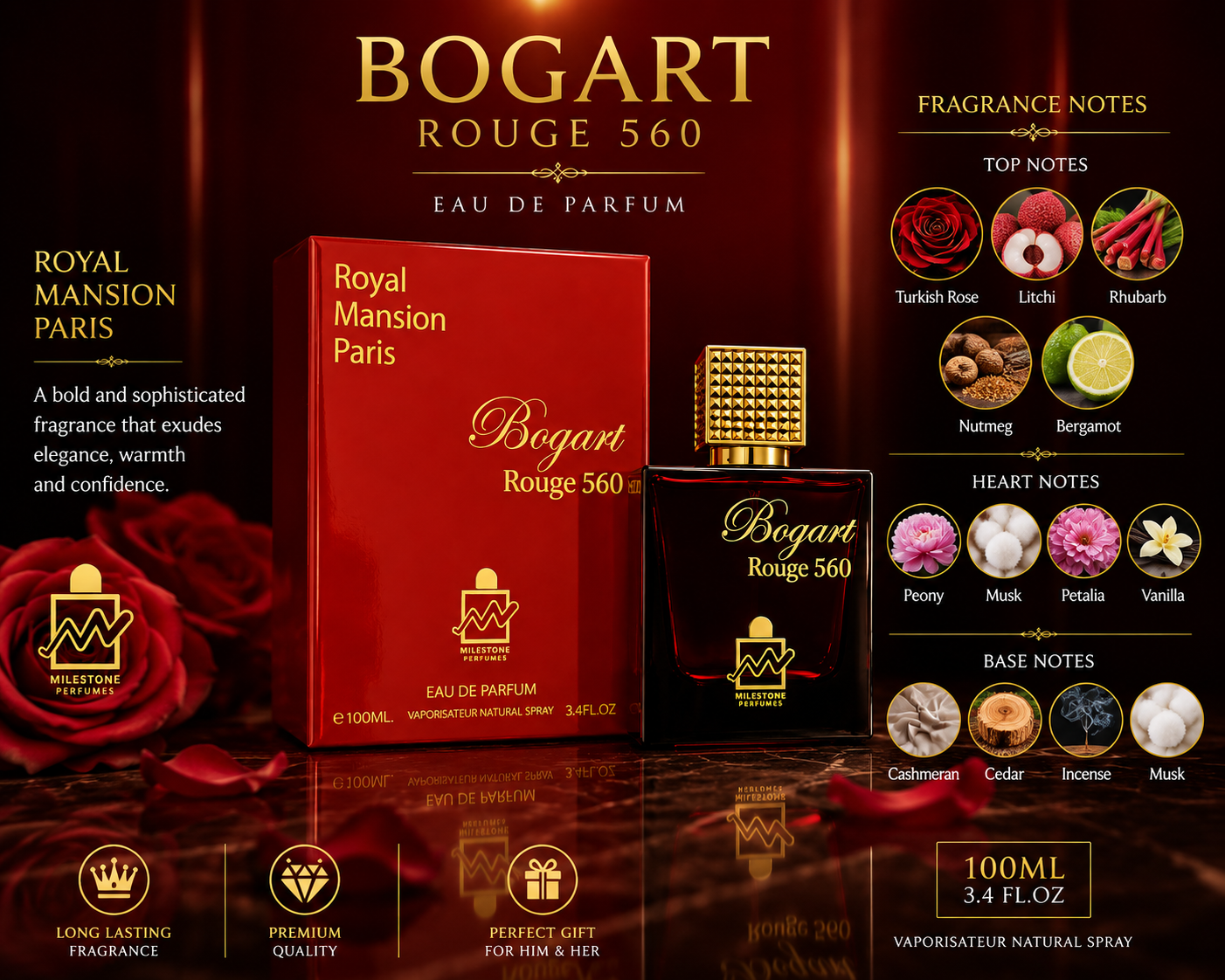 Bogart Rouge 560 by Milestone Perfumes Eau de Parfum – 100ml / 3.4 oz – Unisex
