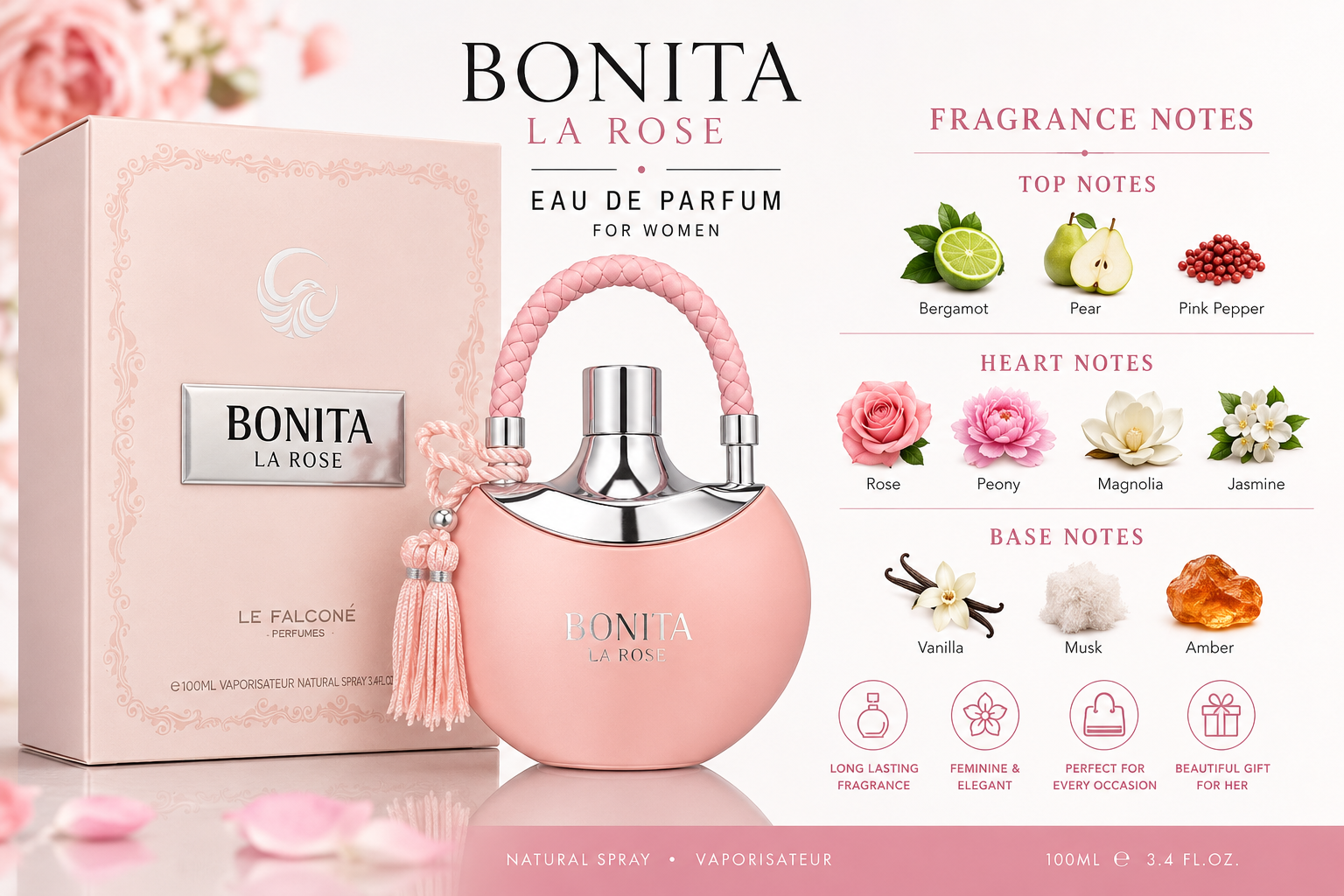 Bonita La Rose by Le Falconé Eau de Parfum – 100ml / 3.4 oz – For Women